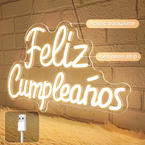 Miniatura 2 de Letrero de neón de Feliz Cumpleaños, letrero de feliz cumpleaños, luz LED de neón española con regulador de intensidad alimentado por USB, letrero