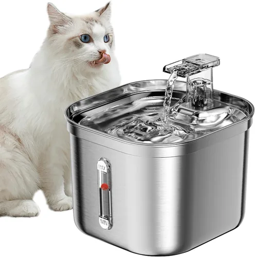 Fuente de agua para gatos Homtyler, fuente de agua para mascotas de acero inoxidable para gatos en interiores, 3 filtros y bomba ultra silenciosa,