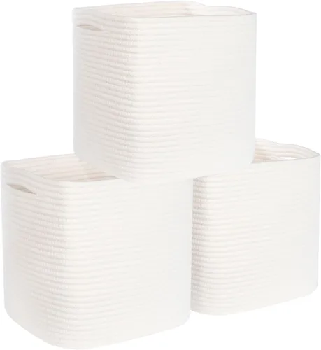 Miniatura 11 de MINTWOOD Design Paquete de 3 cubetas de almacenamiento de 11x11 pulgadas, organizador tejido, lindas cubetas cuadradas para clóset, canastas Negro