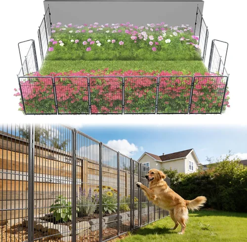 Miniatura 51 de FXW - Valla de jardín metálica y resistente para exteriores, barrera para perros y conejos, fácil instalación, negro, 24 pulgadas de alto x 29.6