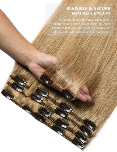 Miniatura 4 de Rose bud REMY - Extensiones de cabello humano con broches, 18 clips, 14 pulgadas, color rubio oscuro, 8 unidades, 2.42 onzas 27# Rubio oscuro