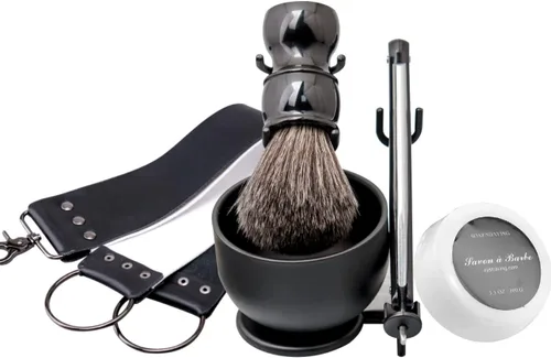 Miniatura 2 de Kit de afeitado con navaja recta Grandslam, navaja recta de acero con afilador de cuero, cepillo de afeitar, cuenco y soporte de afeitar de acero