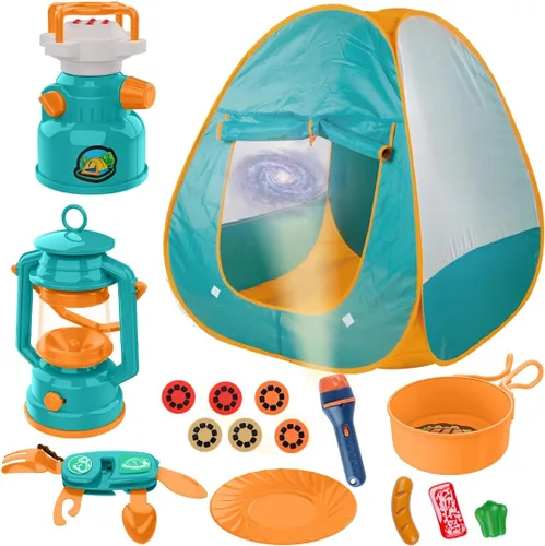 Qtioucp - Juego de camping para niños con tienda de campaña desplegable y proyector de espacio con linterna - Juguete de fogata al aire libre para