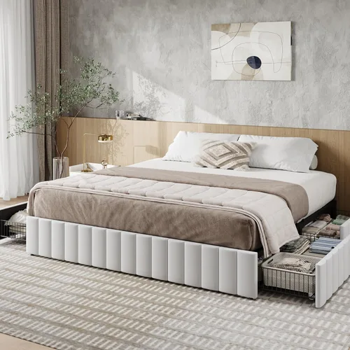 Miniatura 14 de Allewie Base de cama de plataforma de tamaño completo con 4 cajones de almacenamiento grandes, base de cama tapizada con canales verticales