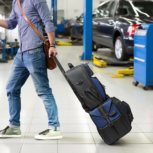 Miniatura 7 de AIRAJ Bolsa de herramientas rodante de 21 pulgadas con ruedas y juego de mochila de herramientas de 18 pulgadas Asa telescópica ajustable Bolsa