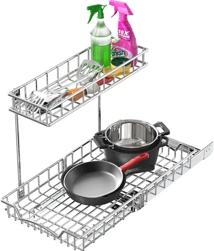 Miniatura 8 de Simple Houseware Organizador extraíble debajo del gabinete estante deslizante para cocina, baño, sartén de despensa y tapa de olla, color plateado