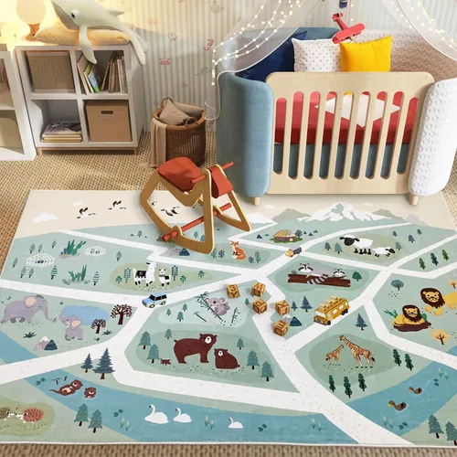 Miniatura 11 de Alfombra de juego para niños, alfombra de 5 pies para dormitorio, animales del bosque, alfombra de sala de juegos para niños y niñas, alfombra