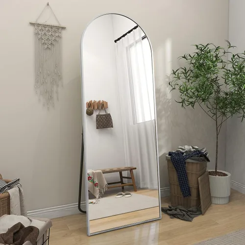 Miniatura 5 de BEAUTYPEAK Espejo de Piso de Cuerpo Completo Arqueado de 64"x21", Espejo de Longitud Completa para Colgar o Apoyar con Parte Superior Arqueada, Plata