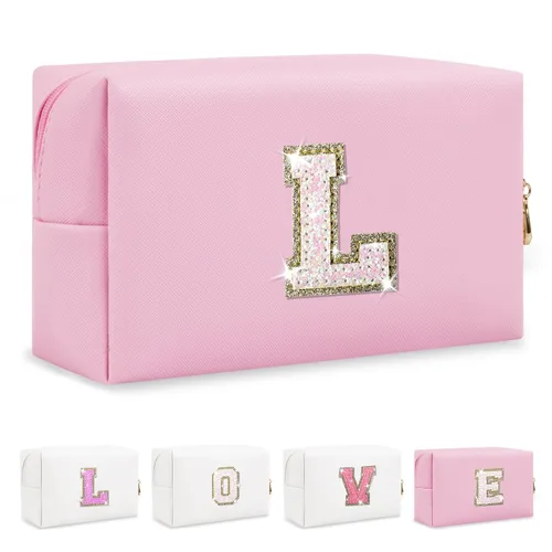 Miniatura 87 de Pequeña bolsa de maquillaje personalizada con inicial A-Z Preppy Patch, bolsa de cosméticos de viaje de felpilla blanca con cremallera, bonita bolsa