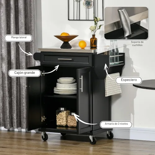 Miniatura 3 de HOMCOM Isla de cocina sobre ruedas, carrito de cocina rodante con encimera de acero inoxidable, cajón, toallero y estante de especias, carrito