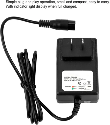 Miniatura 2 de Keenso Cargador de batería de scooter eléctrico de 24 V 0.6 A con enchufe recto de 2 pines, operación Plug and Play, pantalla de luz indicadora