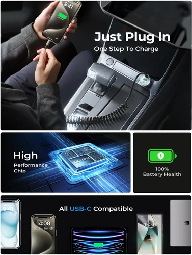 Miniatura 6 de LISEN - Cargador de coche con cable en espiral USB-C integrado de 36 pulgadas de 45 W, adaptador de encendedor de cigarrillos de carga rápida
