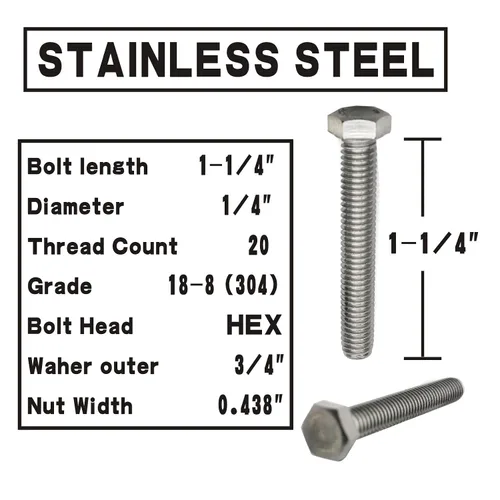 Miniatura 2 de Tornillos de cabeza hexagonal de acero inoxidable 1/4-20x1-1/4, tuercas, arandelas planas y de bloqueo, 18-8 (304) S/S, totalmente roscados por