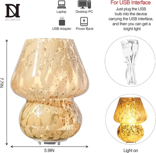 Miniatura 3 de Lámpara de mesa inalámbrica de cristal con forma de hongo para dormitorio, lámparas de mesita de noche de escritorio pequeñas para sala de estar