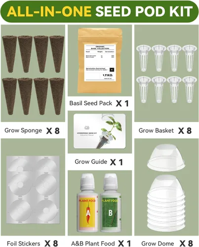 Miniatura 3 de Hydroponics - Vaina de semillas con albahaca genovesa y albahaca morada, kit completo de 8 cápsulas con esponja, canasta, cúpula, etiqueta