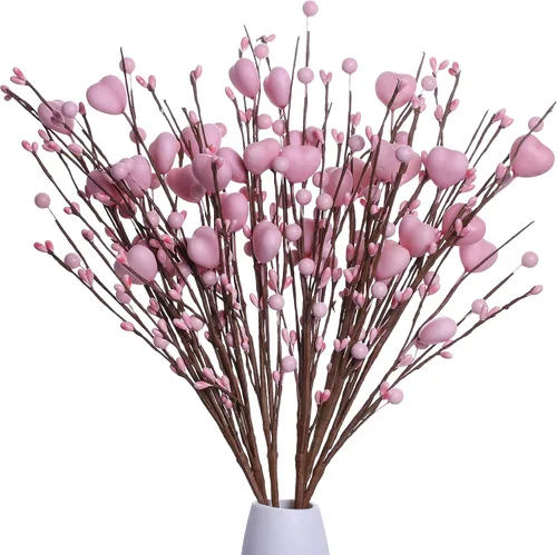 J'FLORU Regalos para el día de San Valentín, paquete de 6 selecciones para el día de San Valentín, tallos de bayas con corazones rosados para