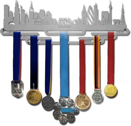 Allied Medal Hangers World Marathon Majors (Cityscape) (18 pulgadas de ancho con 7 barras colgantes) - Estante de exhibición para colgar medallas