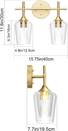 Miniatura 5 de Ralbay Lámparas de baño doradas 2 luces con vidrio transparente, iluminación moderna de montaje en pared, iluminación industrial de granja, luces