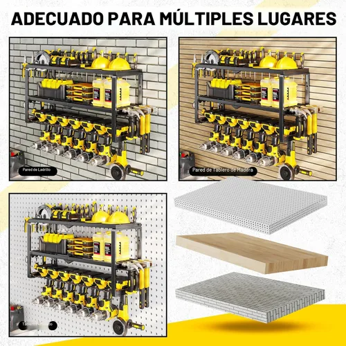 Miniatura 7 de Organizador de Herramientas Eléctricas para Montaje en Pared - Carga de 300 Libras, Estante de Almacenamiento de 3 Niveles con 7 Portataladros