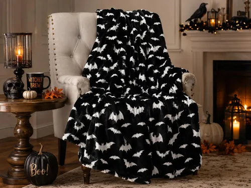 Miniatura 25 de Manta de forro polar de Halloween: telaraña, sombrero de bruja, murciélagos negros, calabazas naranjas, franela suave y cálida para cama, sofá