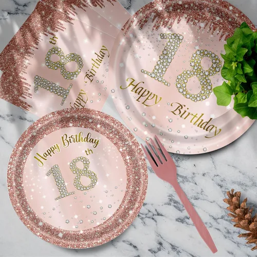 Miniatura 5 de Decoraciones de cumpleaños número 18 para niñas, platos y servilletas de oro rosa, suministros de fiesta de papel rosa para mujeres, juego de 96