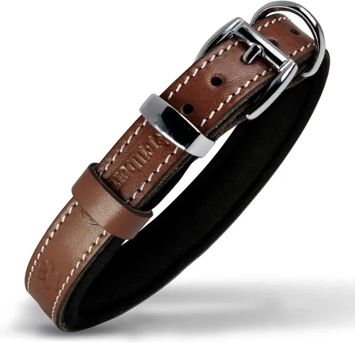 Miniatura 32 de Filbert Collar de cuero para perro, collar de cuero genuino para perros pequeños, estampado de patas en relieve con hebilla, grano completo curtido