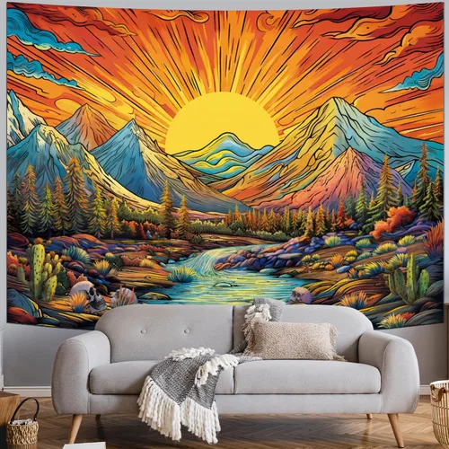Miniatura 2 de Serborlur Tapiz bohemio con sol y montaña, diseño de árbol de bosque trippy, vintage, estético, mágico de río, paisaje, naturaleza, para colgar