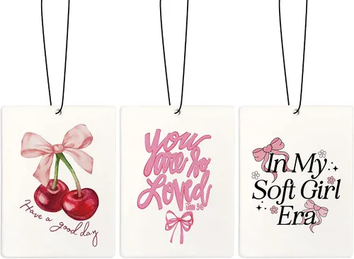 Miniatura 9 de Ambientador de coche Cute Coquette con lazo rosa, ambientador de bola de discoteca Preppy Y2K con tarjeta de acetato de cereza, ambientador colgante