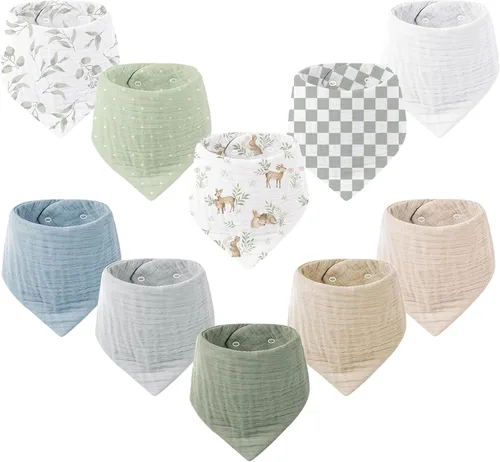 Miniatura 26 de Konssy Baberos de muselina para bebé, paquete de 10 baberos bandana para bebé, 100% algodón, unisex para niños y niñas Amarillo