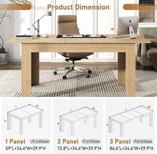 Miniatura 7 de Mesa de comedor extensible de 59 a 86 pulgadas para 6 a 10 personas, mesa de comedor de madera, mesa extensible moderna para reuniones, reuniones