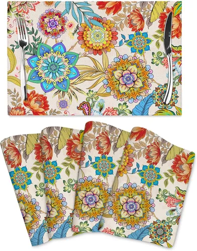 Juego de 4 manteles individuales florales bohemios de lino de 12 x 18 pulgadas, manteles individuales de flores coloridas para cocina, mesa de