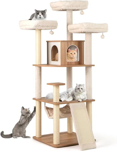 Tangkula Árbol alto para gatos, torre para gatos de madera moderna de 68 pulgadas con postes rascadores de sisal, 3 perchas acolchadas, condominio,