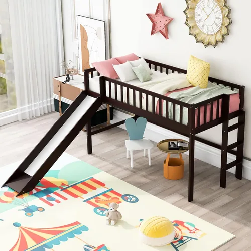 Miniatura 4 de Majnesvon Cama baja de tamaño individual con escalera y tobogán, muebles de dormitorio de madera con barandillas para niños, niñas, fácil de montar