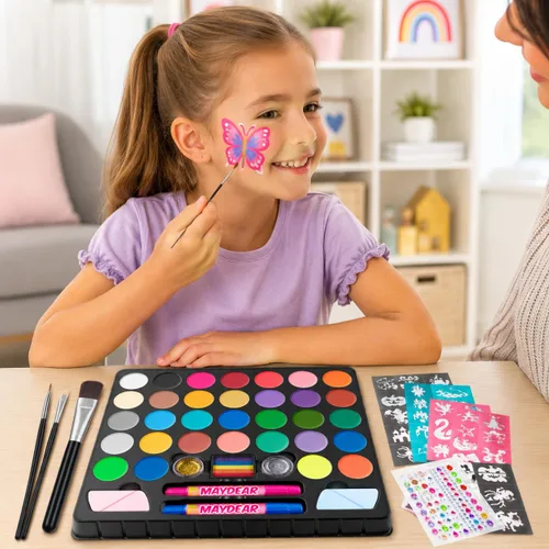 Miniatura 4 de Maydear Kit de pintura facial para niños, paleta de maquillaje a base de agua de 20 colores con plantillas, purpurina, pastel dividido de arcoíris
