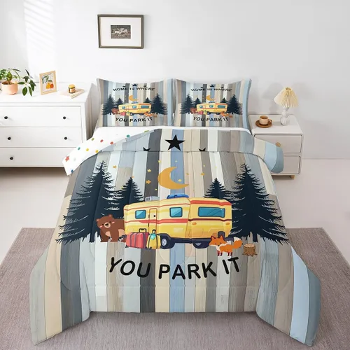 Miniatura 16 de Juego de ropa de cama de campamento para niños, tamaño individual, juego de edredón de gnomos kawaii para niños y niñas, edredón vintage de madera