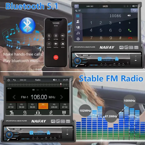 Miniatura 3 de Naifay Estéreo de coche con pantalla táctil de un solo DIN con Carplay y Android Auto, pantalla abatible de 7 pulgadas con receptores de audio