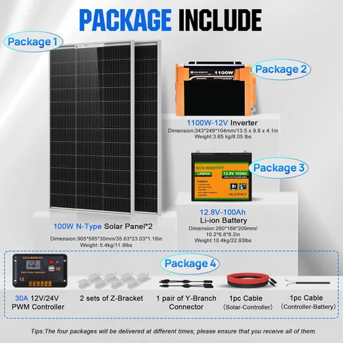 Miniatura 7 de ECO-WORTHY Kit completo de iniciación de panel solar de 200 vatios y 12 V para RV fuera de la red con batería e inversor: 2 paneles solares de 100 W