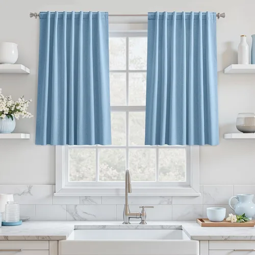 Miniatura 104 de UHITECH Cortinas cortas de lino de 24 pulgadas de largo para ventanas pequeñas de granja, cortinas opacas modernas para sala de estar, pestañas
