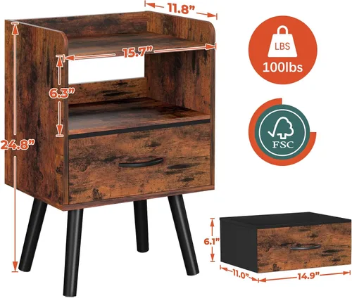Miniatura 3 de Yoobure - Mesita de Noche con Cajón de Tela, Mesita Moderna, Mesitas de Noche, Mesitas de Noche de Media Siglo con Estante de Almacenamiento