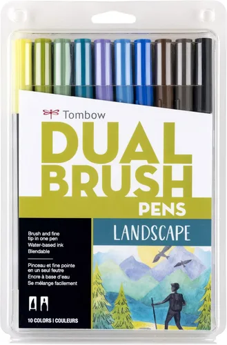 Tombow 56169 Marcadores artísticos de doble pincel, paisaje, paquete de 10. Marcadores mezclables, con pincel y punta fina