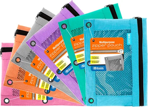 BAZIC PRODUCTS Estuche para lápices de 3 anillos con agujeros de anillos reforzados con remaches, bolsa de malla de color pastel con cremallera para