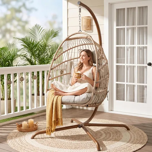Miniatura 3 de RADIATA Silla de huevo para exteriores con soporte, 350 libras, silla colgante resistente con cojín acolchado, hamaca plegable de ratán resistente a