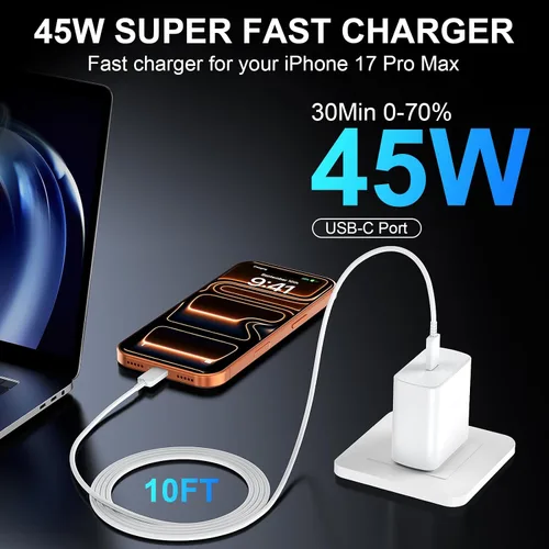 Miniatura 4 de Cargador para iPhone 17 16 Pro Max de carga rápida, 45 W USB C iPhone 17/16 bloque de carga súper rápido con cable de carga tipo C de 10 pies