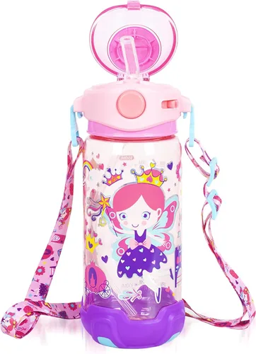 Miniatura 13 de Botella de agua para niños con pajita/cordón para niños de la escuela, niños y niñas, 22 oz / 650 ml, sin BPA, botella de agua para beber