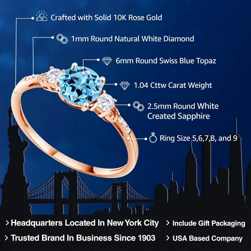 Miniatura 27 de Gem Stone King Anillo de compromiso de 3 piedras preciosas redondas de oro rosa de 10 quilates, 0.236 in, piedra natal, zafiro blanco y diamante