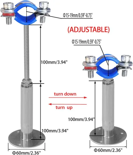 Miniatura 2 de Soportes de tubería de montaje en techo para montaje en pared, abrazaderas de tubo ajustables, perchas, acero inoxidable 304, 2 piezas adecuadas