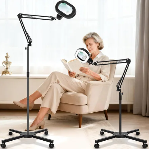 Miniatura 11 de KIRKAS Lupa de piso grande 12X con luz y soporte, color infinito regulable 2 en 1 lámpara de lupa iluminada para trabajo cercano, lectura