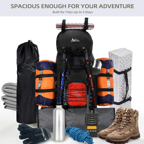 Miniatura 2 de Mochila de senderismo, mochila de campamento de 90 L, resistente al agua, ligera, para deportes al aire libre, bolsa de viaje para camping, Negro