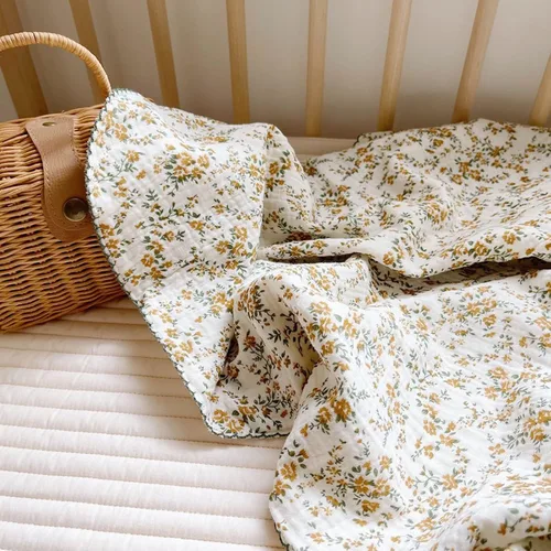 Miniatura 6 de BuLuTu Manta de 4 capas para niños pequeños, 100% algodón muselina, mantas de cama para niños, niñas, niños, con bonito patrón de flores de hibisco