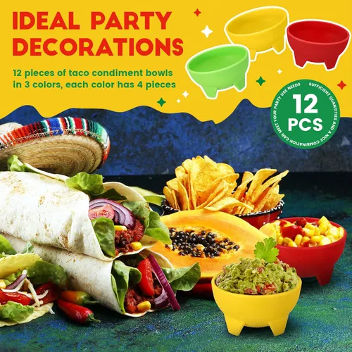 Miniatura 4 de 12 cuencos de salsa para fiestas, coloridos cuencos de salsa de plástico mexicanos, platos de guarnición para servir mexicanos, rojo, amarillo